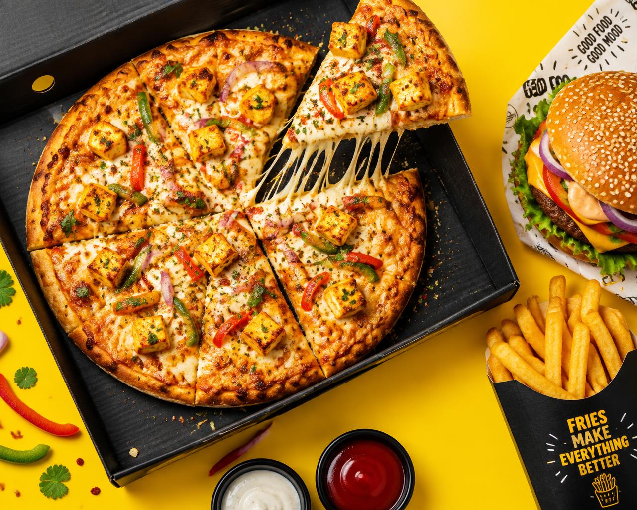 Pizza, burger and fries